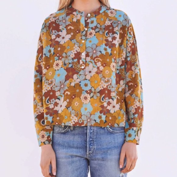 Sundry Tops - Sundry Henley Shirt Honeycomb Retro 70s Floral Print Woven Cotton Gauze Size M
